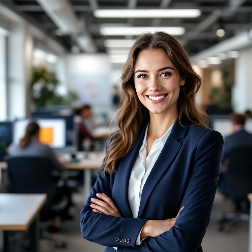 Professional headshot with busy office background before removal