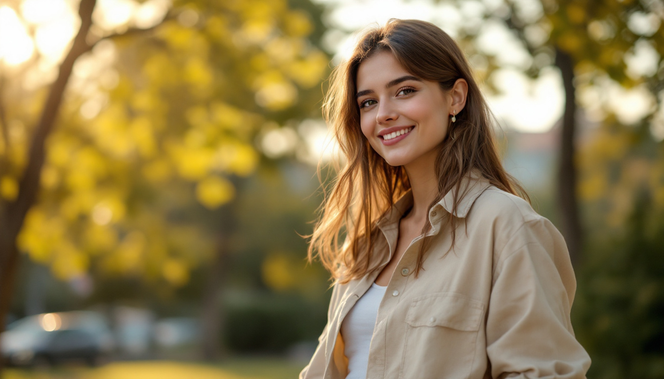 Natural-looking AI dating photo of a young woman outdoors with warm natural light and relaxed expression, ideal for Hinge or Tinder