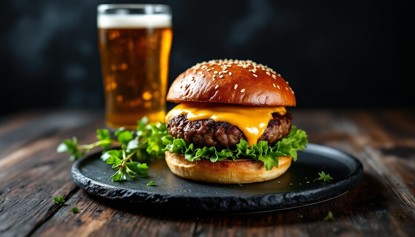 Professional food photography for a restaurant menu showing a gourmet burger with dramatic lighting
