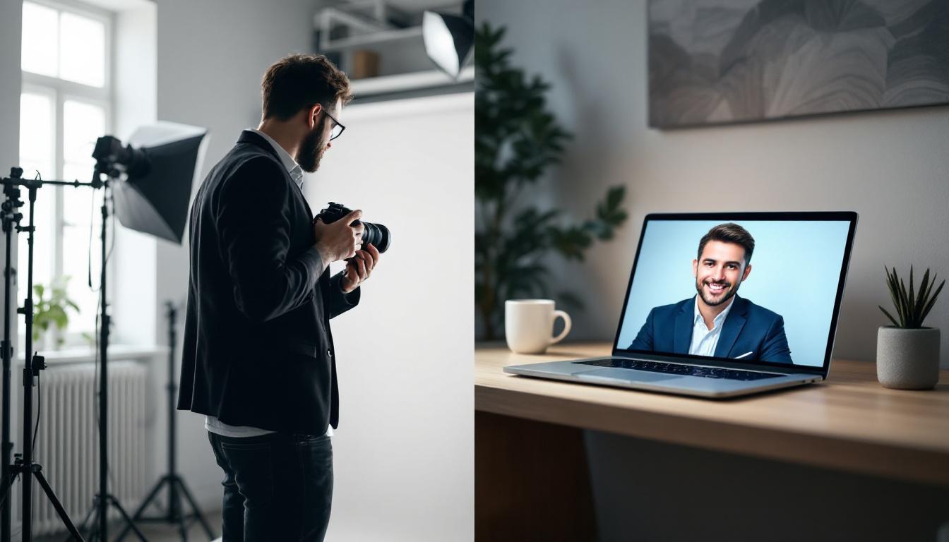 Comparación lado a lado de un headshot profesional generado por IA y un headshot tradicional de estudio