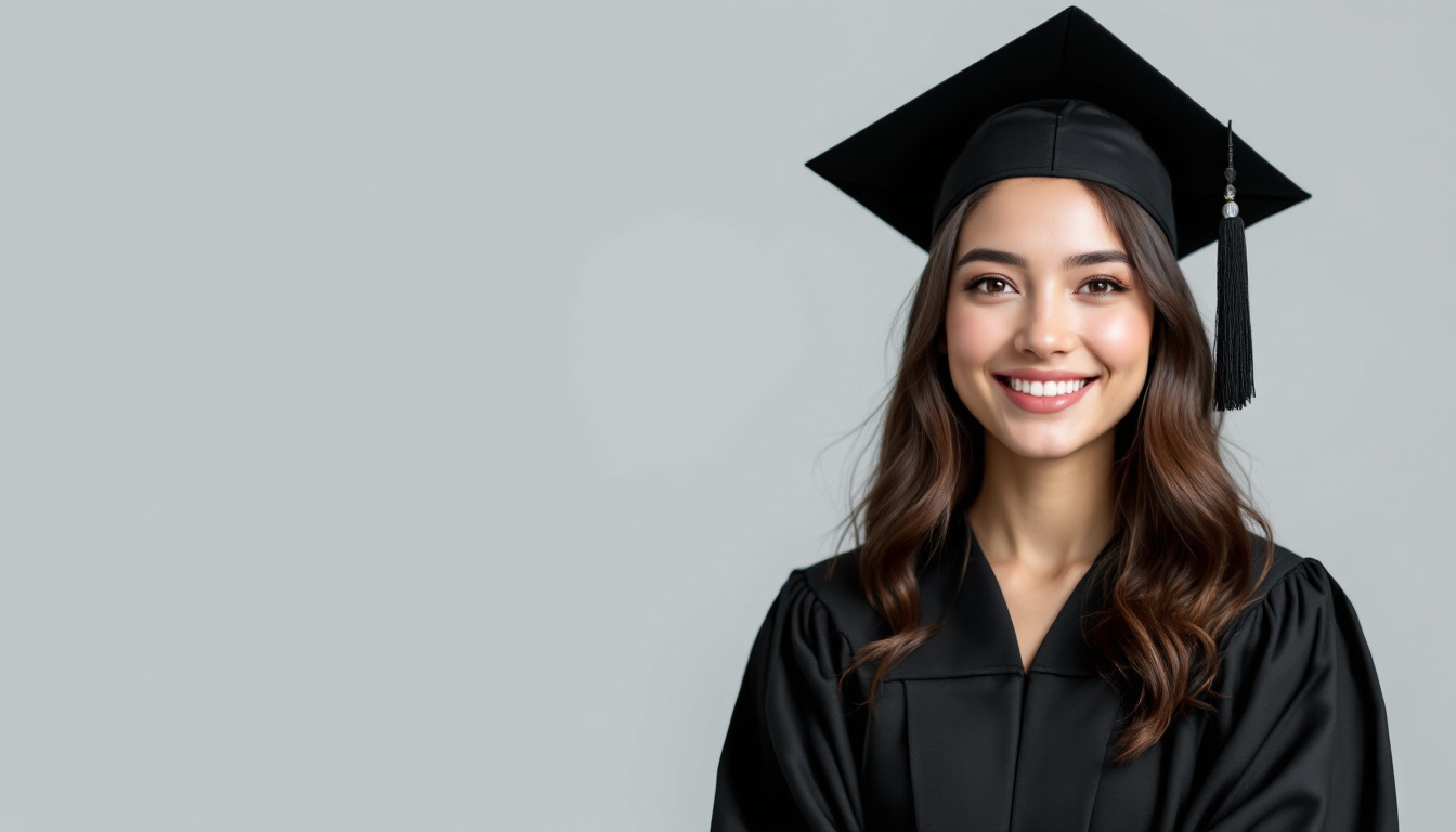 AI-generated graduation portrait showing a graduate in cap and gown against a soft studio background with warm lighting