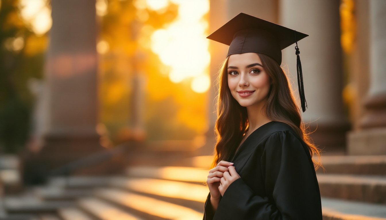 Graduation photo trends 2026, a graduate in cap and gown at golden hour with warm backlit glow and campus architecture