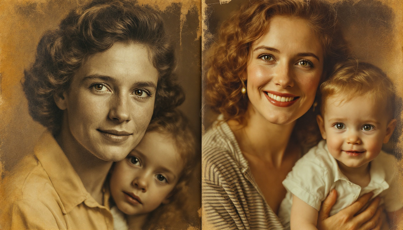 Old faded family photograph being digitally restored and enhanced with AI