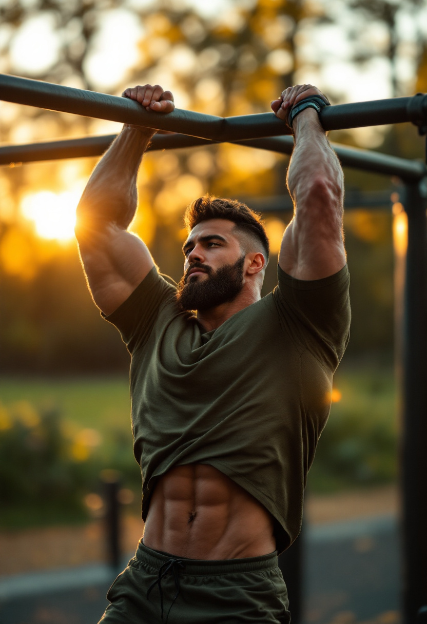 Zdjęcie fitness AI mężczyzny podciągającego się o zachodzie słońca