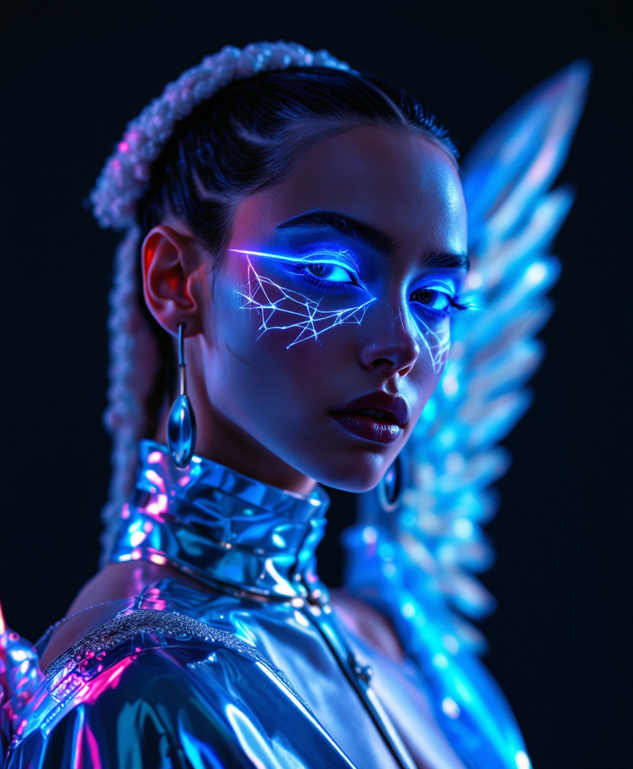 Foto de fantasia de Halloween com IA — transformação em personagem celestial cyberpunk