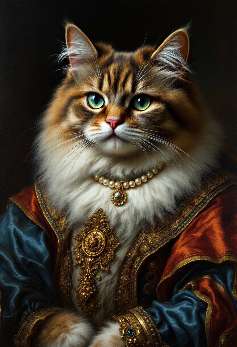 Maine Coon cat painted in classical oil style